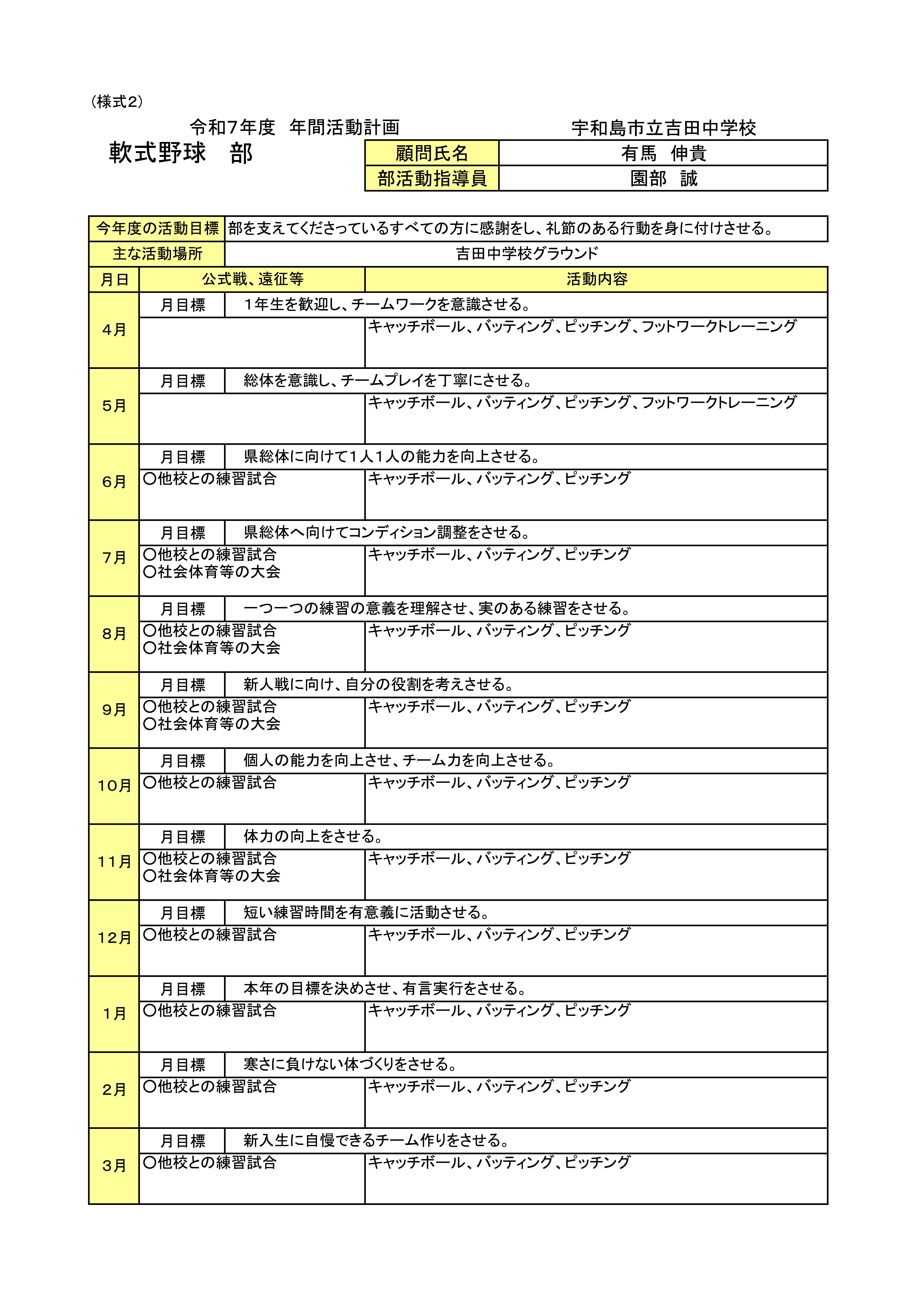 R7 年間活動計画（軟式野球）